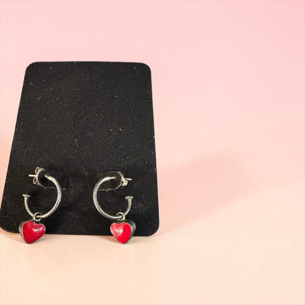 Vintage Handmade Sterling Silver Enamel Red Hearts Hoop Earrings